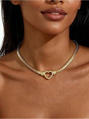Gold Tone Heart Choker Necklace Stainless Steel Cuban Link Hollow Heart